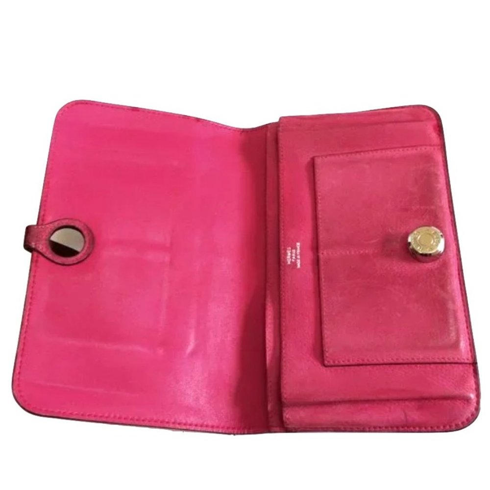 Auth HERMES Handmade Dogon Magenta Ruby Leather Bifold Wallet Purse Clutch Bag